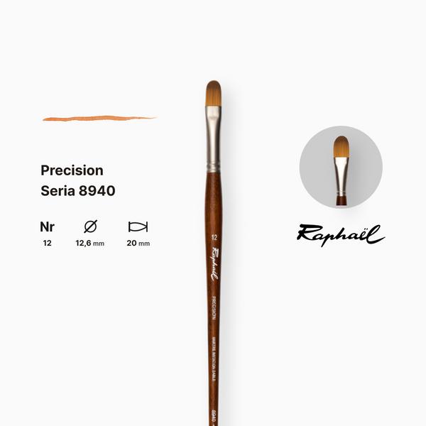 Пензель синтетика овальна Raphael Precision, №12, для акрилу та олії, довга ручка 8940.12 фото